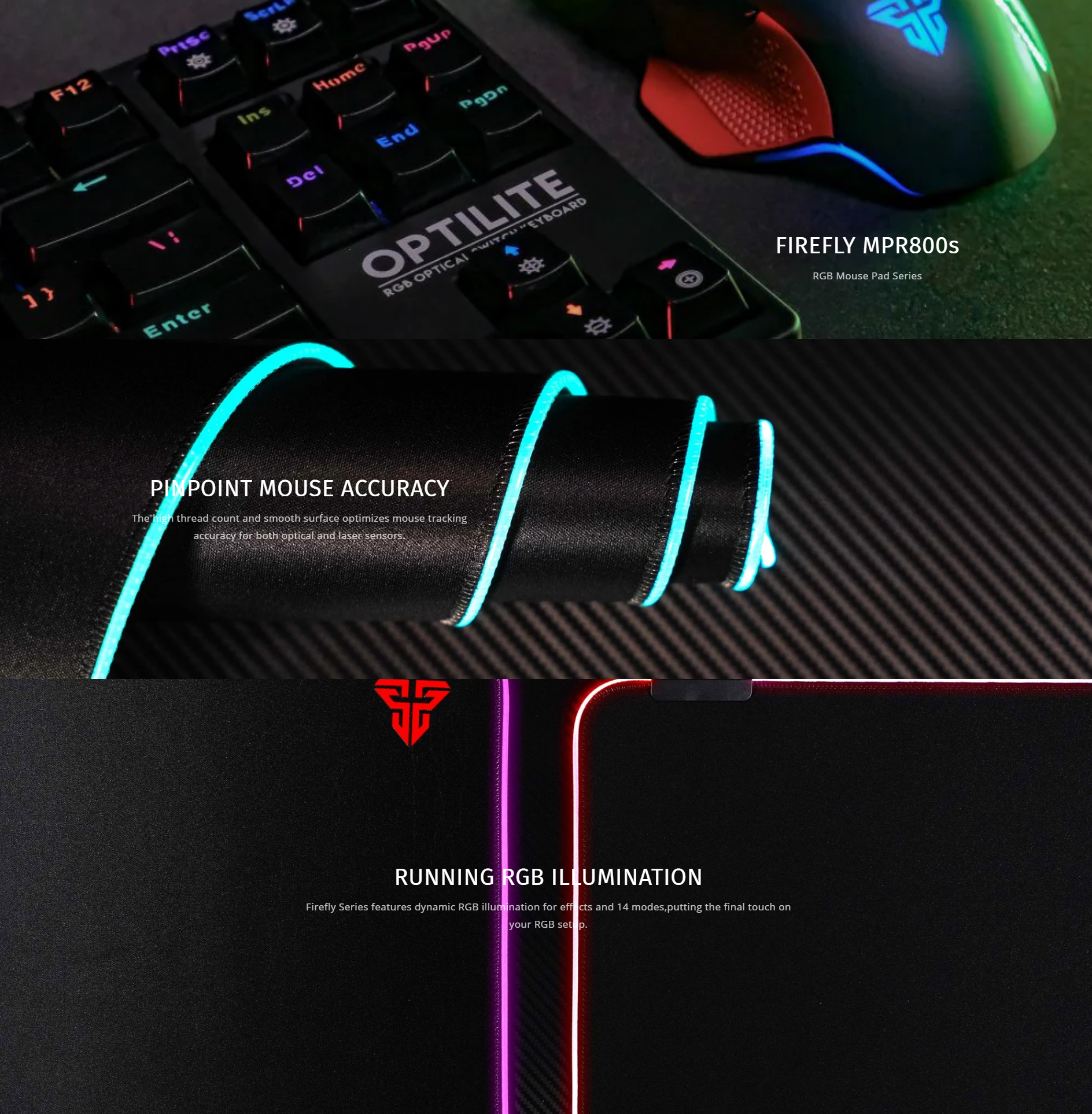 A large marketing image providing additional information about the product Fantech Firefly MPR800s Large Size Deskmat RGB Mousemat - Black - Additional alt info not provided